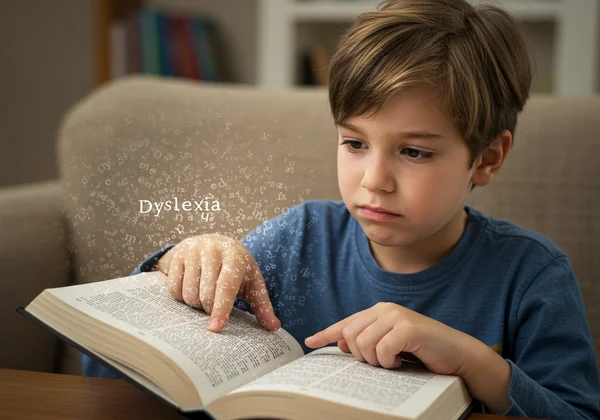 Child struggling to read jumbled letters, a dyslexia symptom.