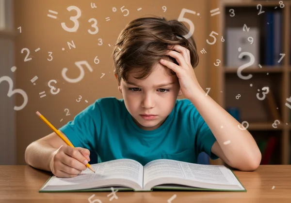 Child frustrated with math homework, signs of dyscalculia