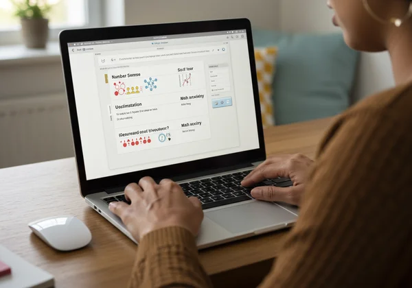 Adult takes an online dyscalculia screening test on laptop.