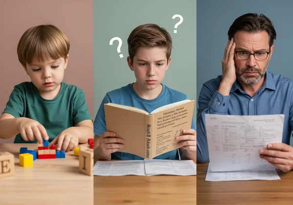 Child, teen, adult showing math struggle, a triptych