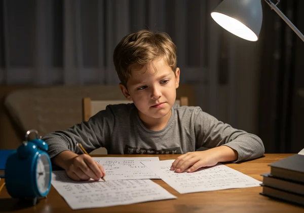 A child looking confused by math homework and numbers.