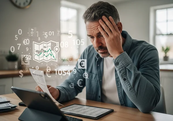 Adult looking stressed over finances and numbers on screen