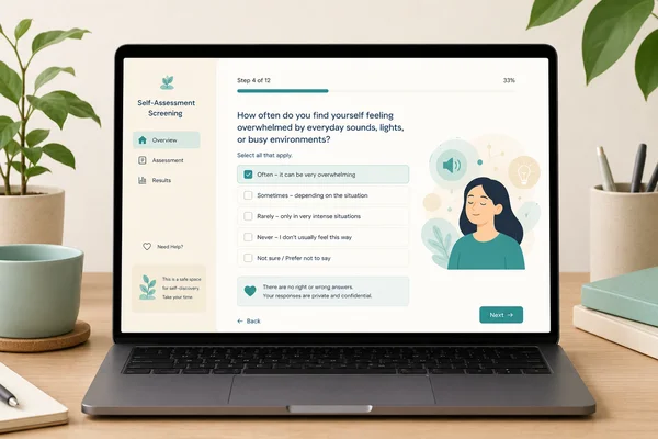 Online self-assessment questionnaire displayed on a screen