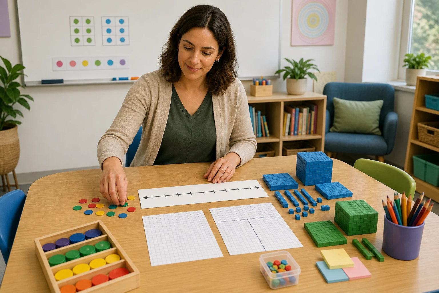 Teacher arranging visual math tools